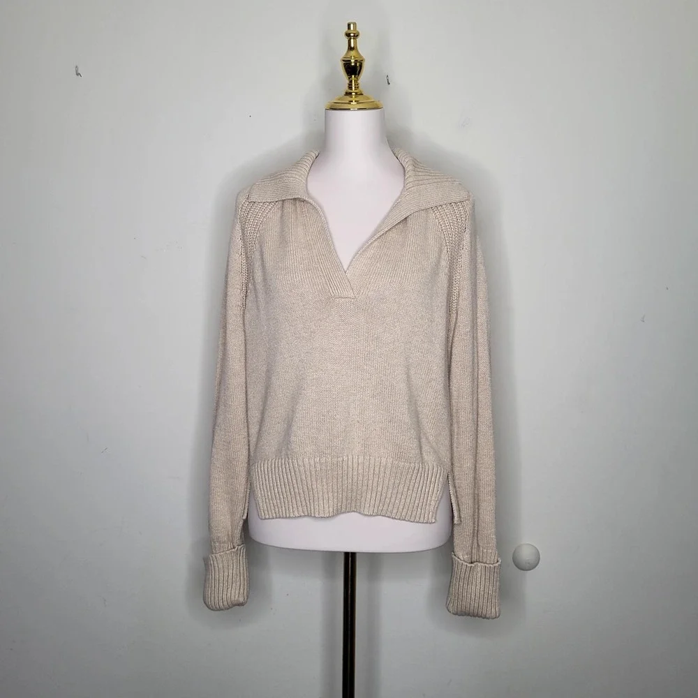 Abercrombie & Fitch Sz S Heathered Oatmeal Collared Notch Neck Knit Sweater - Picture 4 of 9